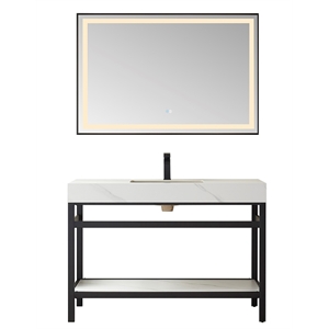 Funes 48&quot Single Sink Bathroom Vanity in Matte Black Frame White Top w/ Mirror