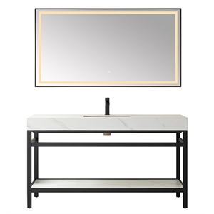 Funes 60&quot Single Sink Bathroom Vanity in Matte Black Frame White Top w/ Mirror