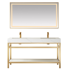 Funes 60&quot Double Sink Bathroom Vanity in Brushed Gold Frame White Top w/ Mirror
