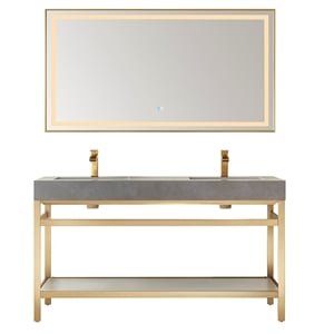Funes 60&quot Double Sink Bathroom Vanity in Brushed Gold Frame Gray Top w/ Mirror