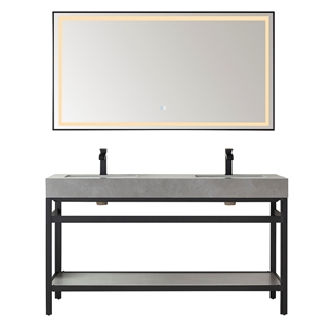 Funes 60&quot Double Sink Bathroom Vanity in Matte Black Frame Gray Top w/ Mirror