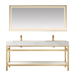 Funes 72&quot Double Sink Bathroom Vanity in Brushed Gold Frame White Top w/ Mirror