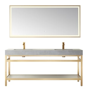 Funes 72&quot Double Sink Bathroom Vanity in Brushed Gold Frame Gray Top w/ Mirror