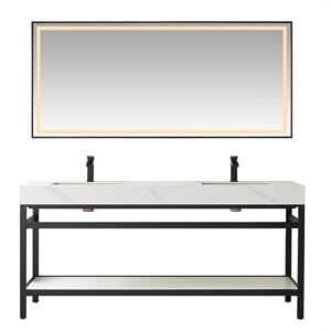 Funes 72&quot Double Sink Bathroom Vanity in Matte Black Frame White Top w/ Mirror