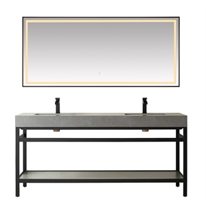 Funes 72&quot Double Sink Bathroom Vanity in Matte Black Frame Gray Top w/ Mirror