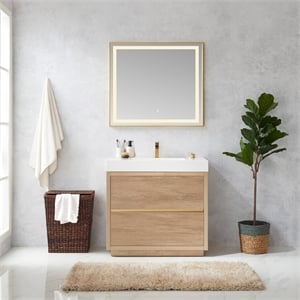 Huesca 36&quot Single Sink Bathroom Vanity Natural Oak Wood White Top With Mirror