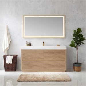 Huesca 60&quot Single Sink Bathroom Vanity Natural Oak Wood White Top With Mirror