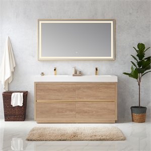Huesca 60&quot Double Sink Bathroom Vanity Natural Oak Wood White Top No Mirror