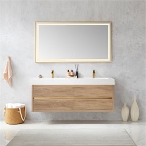 Palencia 60&quot Double Sink Wall-Mount Floating Wood Bathroom Vanity With Mirror