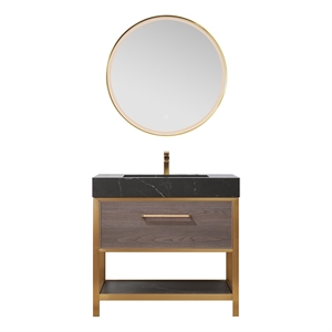 Segovia 36&quot Black Sintered Stone Single Sink Suleiman Oak Bath Vanity w/ Mirror