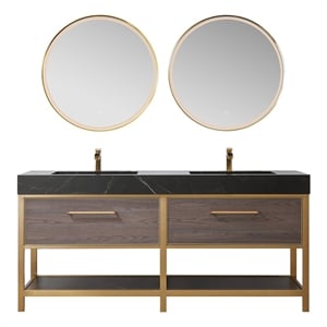 Segovia 72&quot Black Sintered Stone Double Sink Suleiman Oak Bath Vanity w/ Mirror