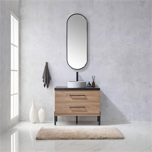 Trento 36&quot Single Concrete Sink Bath Vanity in North American Oak with Mirror