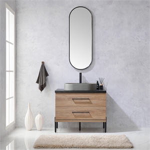 Trento 36&quot Single Concrete Sink Bath Vanity in North American Oak with Mirror
