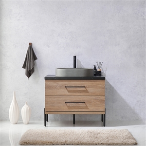 Trento 36&quot Black Sintered Stone Top Concrete Sink North American Oak Bath Vanity