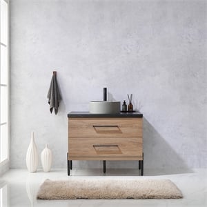 Trento 36&quot Black Sintered Stone Top Concrete Sink North American Oak Bath Vanity