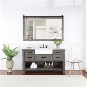 Villareal 60&quot Single White Farmhouse Basin Bath Vanity Classical Gray w/ Mirror