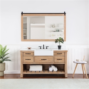 Villareal 60&quot Single White Farmhouse Bath Vanity in Weathered Pine Wood & Mirror