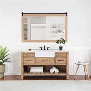 Villareal 60&quot Single Bath Vanity in Weathered Pine Wood & White Farmhouse Basin