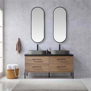 Trento 60&quot Double Concrete Sink Bath Vanity in North American Oak with Mirror