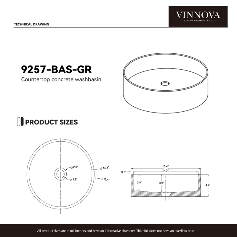Vinnova Moguer Circular Modern Concrete Stone Vessel Bathroom Sink in Gray