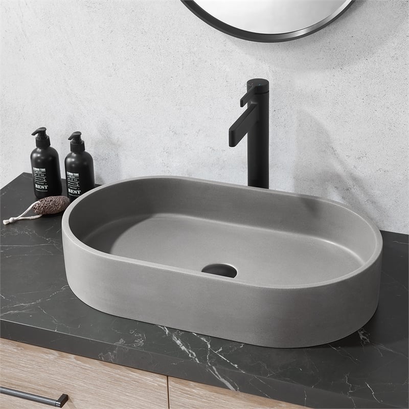 Vinnova Eibar Oval Modern Concrete Stone Vessel Bathroom Sink in Gray