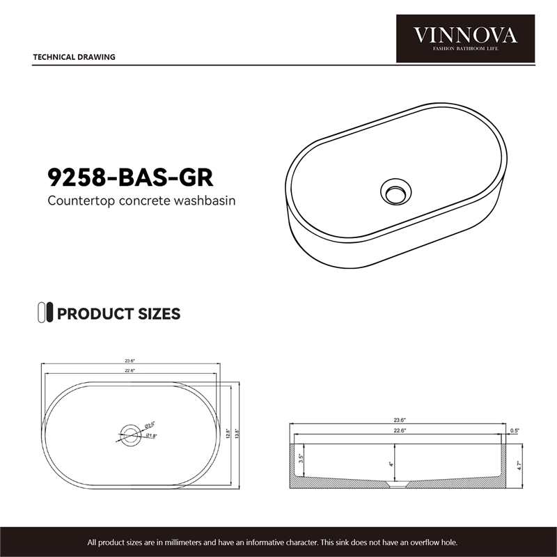 Vinnova Eibar Oval Modern Concrete Stone Vessel Bathroom Sink in Gray