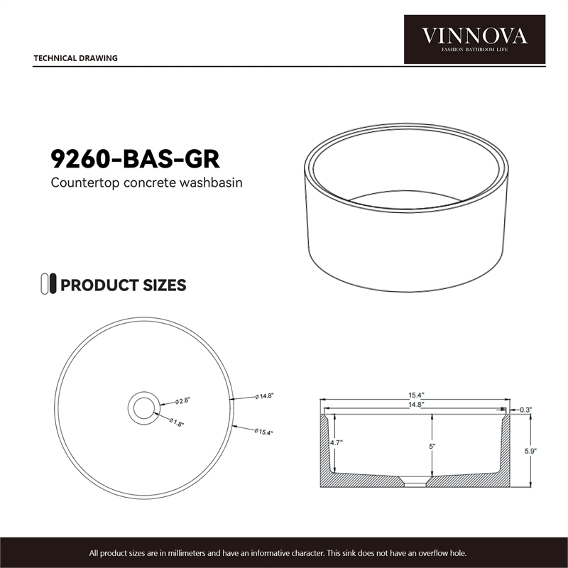 Vinnova Almonte Circular Modern Concrete Stone Vessel Bathroom Sink in Gray