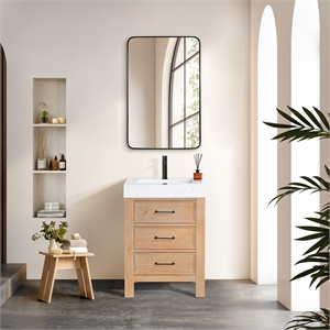 Leon 24&quot Vanity in Fir Wood Brown with Composite top in Lightning White & Mirror