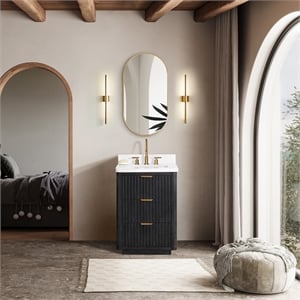 Cadiz 24&quot Single Fir Wood Black Vanity with Lightning White Composite & Mirror
