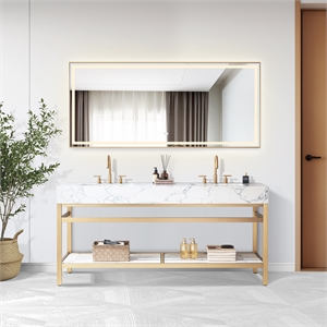 Ecija 72&quot Brushed Gold Metal Vanity with Pandora White Composite Top and Mirror