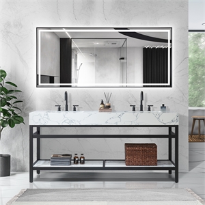 Ecija 72&quot Matte Black Metal Vanity with Pandora White Composite Top and Mirror