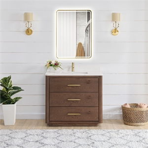 Porto 36&quot Aged Dark Oak Single Bath Vanity with Fish Maw White Quartz & Mirror