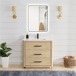 Porto 36&quot Aged Dark Oak Single Bath Vanity with Fish Maw White Quartz & Mirror