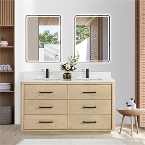Vinnova Porto 60&quot Wood Double Bath Vanity with 6 Drawers in Aged Natural Oak