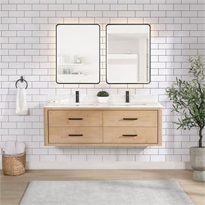Cristo 60M&quot Fir Wood Brown Double Bath Vanity with Fish Maw White Quartz Stone