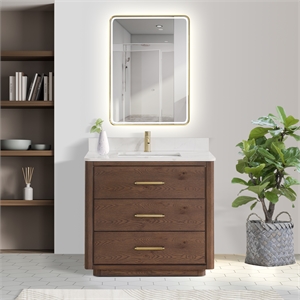 Porto 36&quot Aged Dark Brown Oak Single Bath Vanity with Fish Maw White Quartz