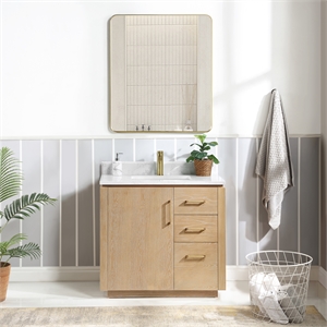 Vinnova San 36&quot Single Sink Wood Bath Vanity with Grain Stone in Ash/White