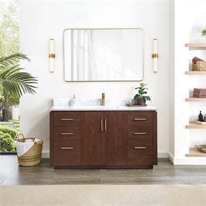 Vinnova San 60&quot Single Sink Wood Bath Vanity with Grain Stone in Natural Walnut
