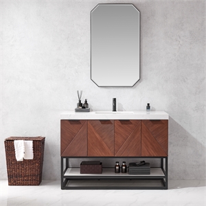 Mahon 48B&quot Bath Vanity in N. American Deep Walnut with White Grain Stone &Mirror