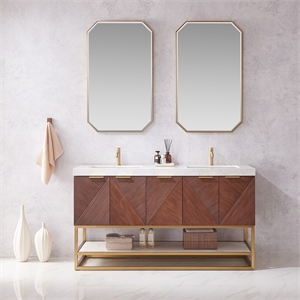 Mahon 60MG&quot Double Bath Vanity in N.A Deep Walnut with White Grain Stone &Mirror