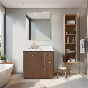 Oza 36&quot Bath Vanity in Aged Dark Brown Oak with Fish Maw White Quartz Stone Top