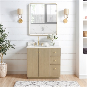 Oza 36&quot Bath Vanity in Aged Natural Oak with Fish Maw White Quartz Top & Mirror