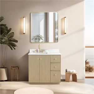 Oza 36&quot Single Bath Vanity in Aged Natural Oak with Fish Maw White Quartz Stone