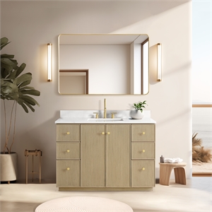Oza 48&quot Bath Vanity in Aged Natural Oak with Fish Maw White Quartz Stone &Mirror