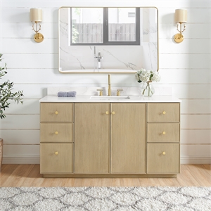 Oza 60&quot Single Bath Vanity in Aged Natural Oak with Fish Maw White Quartz&Mirror