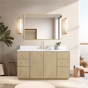 Oza 60&quot Single Bath Vanity in Aged Natural Oak with Fish Maw White Quartz Stone