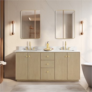 Oza 72&quot Bath Vanity in Aged Natural Oak with Fish Maw White Quartz Stone &Mirror