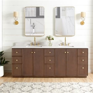 Oza 84&quot Bath Vanity in Aged Dark Brown Oak with Fish Maw White Quartz and Mirror