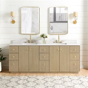 Oza 84&quot Double Bath Vanity in Aged Natural Oak with Fish Maw White Quartz Stone