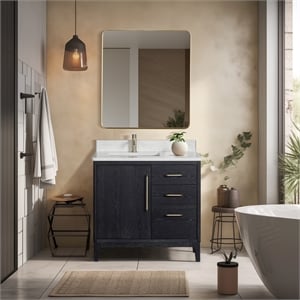 Gara 36&quot Single Bath Vanity in Fir Wood Black w/ White Grain Composite & Mirror
